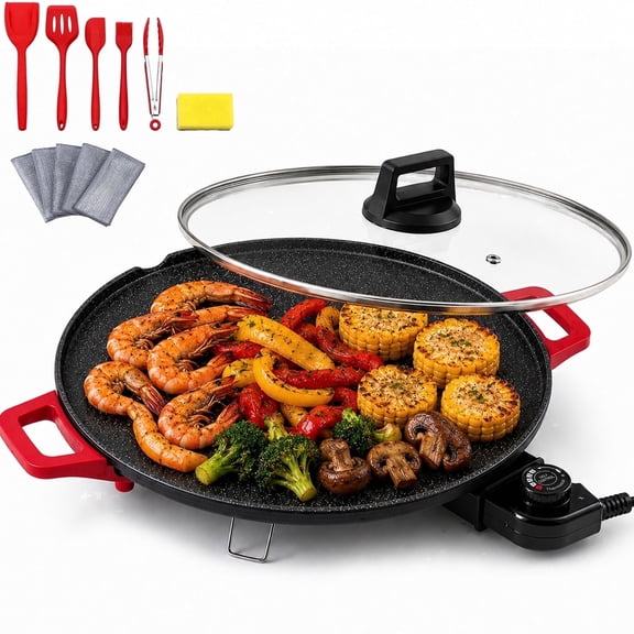 PRTYY 16-inch Quartz Coated Electric Griddle, 2500W High-Power Dual Heating Tubes with Adjustable Temperature Settings, Easy to Clean