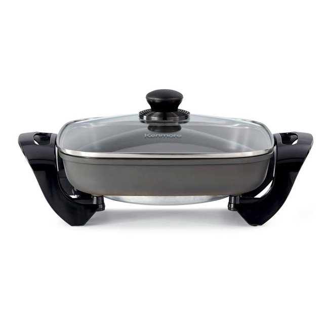 NonStick Electric Skillet with Tempered Glass Lid, Black and Grey, 12