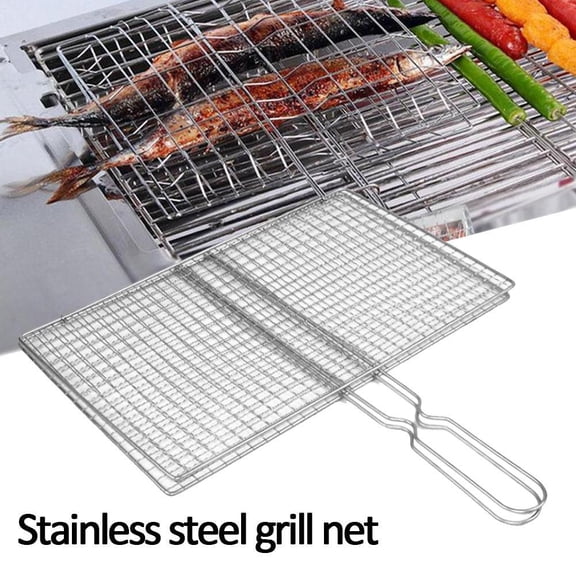 Non-Stick Fish Grilling Basket, Foldable Metal Barbecue Net with Handle for Meat and Vegetables, Outdoor Camping BBQ Rack