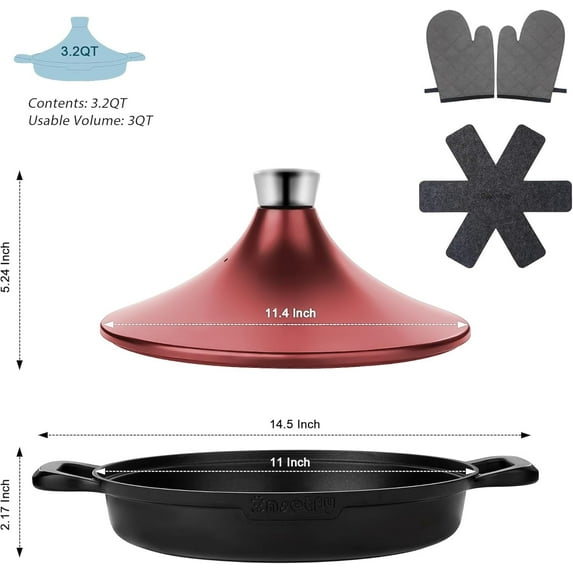 Non-Stick Frying Pan 11", 3QT Tagine Pan with Lid, Stove/Oven-to-Table Cookware, Dishwasher Safe