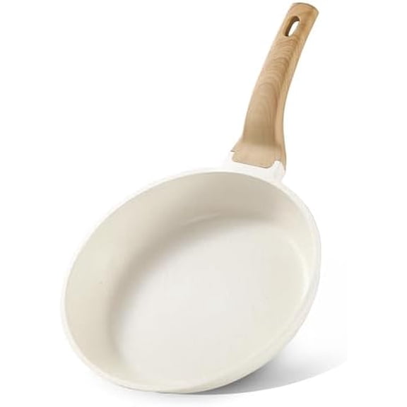 Non Stick Frying Pan Skillet, Omelet Pan, Healthy Non Toxic Granite Chef Pan, Induction Compatible Egg Frying Pan with Heat-Resistant Handle, PFOA-Free,Cream White, 8"