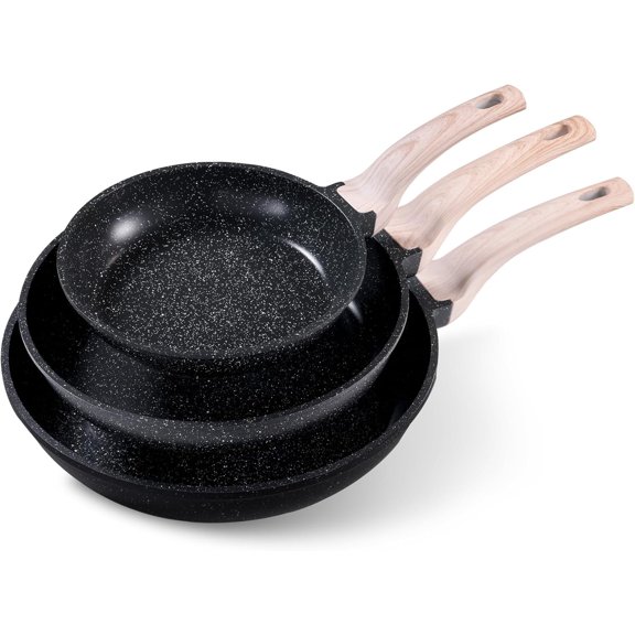 Non Stick Frying Pan Skillet Set, Omelet Pan, Healthy Non Toxic Granite Chef Pan, Induction Compatible Egg Frying Pan with Heat-Resistant Handle