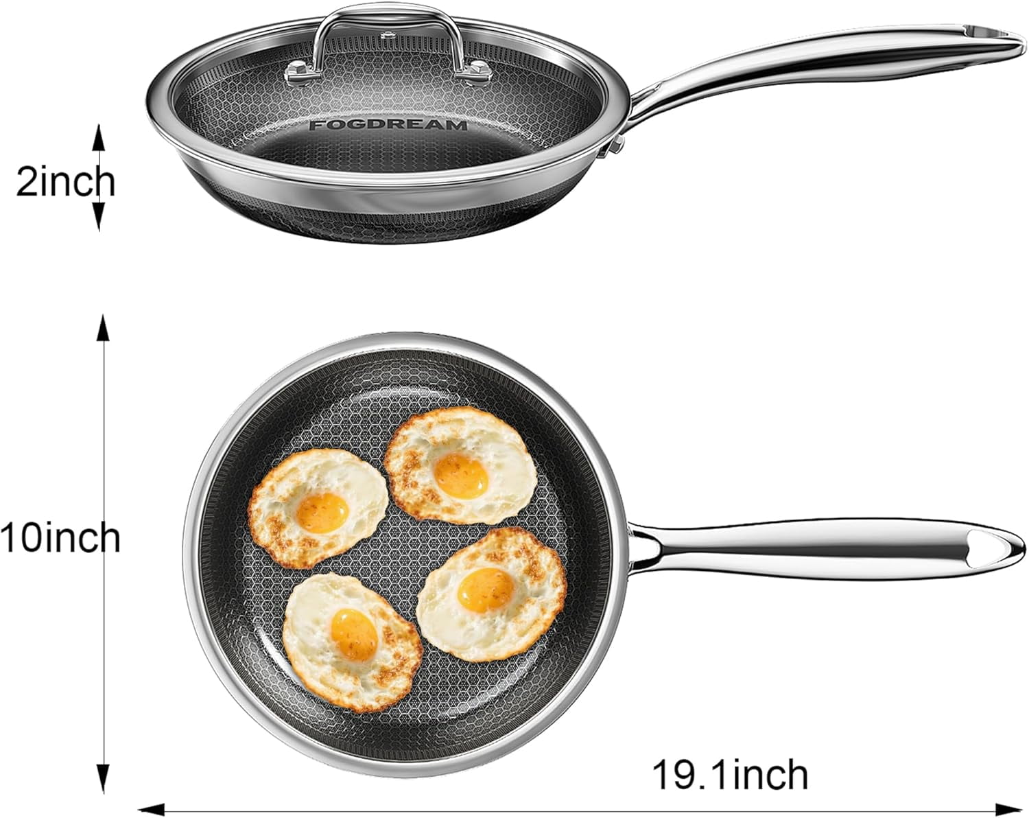 Non Stick Frying Pans, 10 Inch Stainless Steel Skillet with Tempered Glass Lid Tri-Ply Stainless Steel for All Cooktops, Dishwasher & Oven-Safe Cooking Pan, Stay-Cool Handle, Silver
