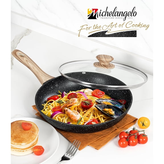 Non Stick Frying Pans - 12 Inch Nonstick Frying Pan with Glass Lid, Large Stone Fry Pan with Ergonomic Handle, Induction Compatible, Black