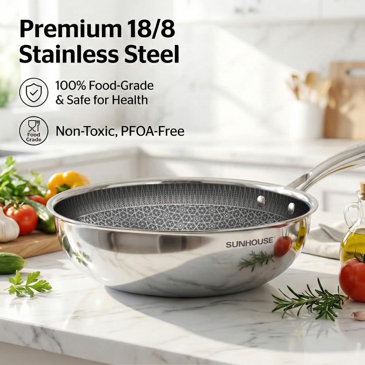 Non Stick Frying Pans, 5-Quart with Lid, Hybrid Frying Pans Nonstick, Nonstick Skillets Stainless Steel, Dishwasher & Oven-Safe, Induction Compatible Cooking Pan, PFOA  Cookware