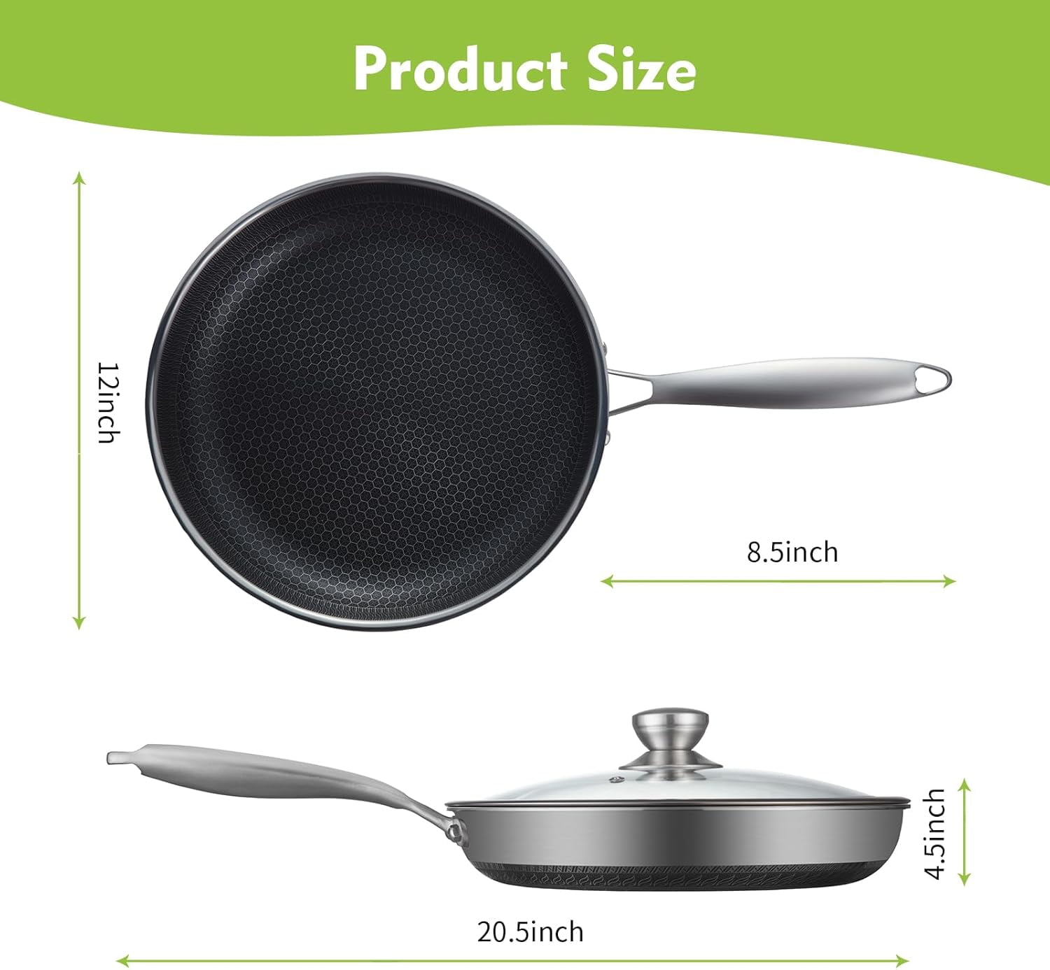 Non Stick Frying Pans, Hybrid 12 Inch with Lid, Stainless Steel Skillets for Induction, Gas & Oven Use