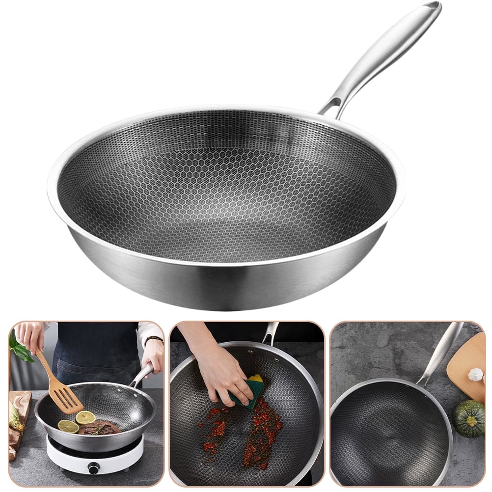 Non-Stick Frying Wok Pan - 12" Deep Carbon Steel Skillet with Wooden Handle (Induction Compatible)