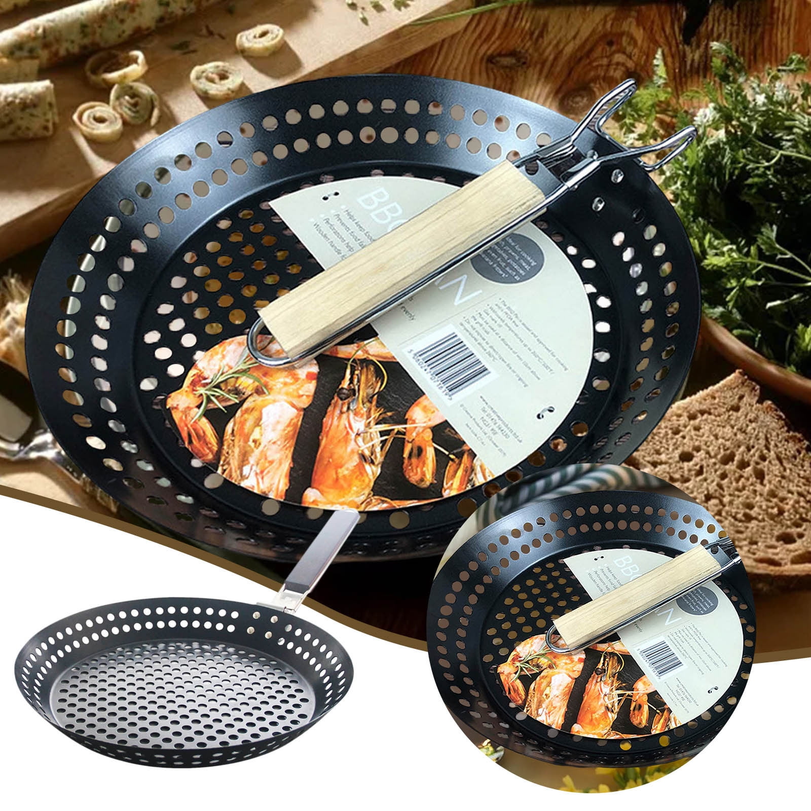 Non Stick Metal Grilling Skillet With Folding Wooden Handle Grill