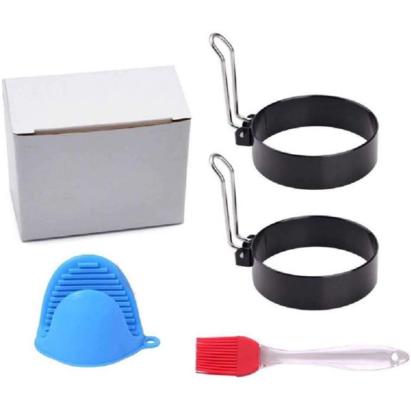 Non-Stick Omelet Maker Thick Round Egg Ring Egg Ring Stainless Steel Handle Cake Mold Round DIY Omelet Ring 2 Packs + Brush + Hand Clip