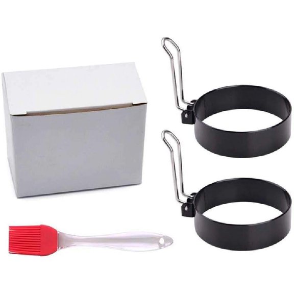 Non-Stick Omelet Maker Thick Round Egg Ring Egg Ring Stainless Steel Handle Cake Mold Round DIY Omelet Ring 2 Packs + Brush