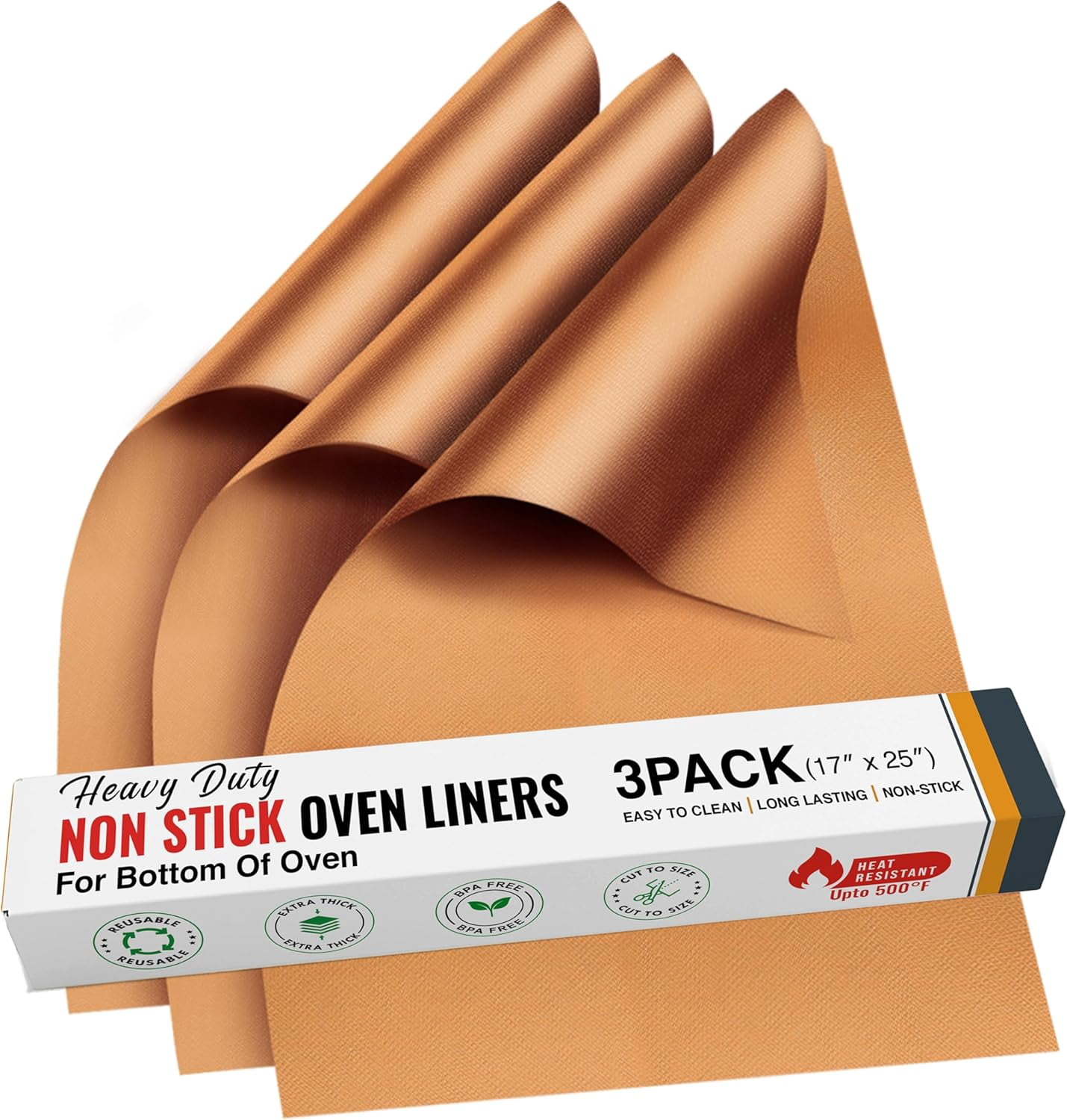 Non Stick Oven Liners for Bottom of Oven, 3 Pack Large Heavy Duty Mats, 17” x 25” Reusable Mat for Electric Gas Stove Toaster Microwave Charcoal or Gas Grills (Copper)
