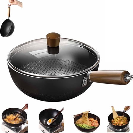 Non-Stick Pan Fish Scale Pattern Flat Bottom Cooking Ware Steel Woks Stir Fry Pan with Glass Lid for Induction Cooking