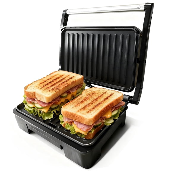 Electric Panini Press & Indoor Grill | 180 Open Non-Stick Plates Removable Drip Tray | Stainless Steel Black Burger & Steak Maker