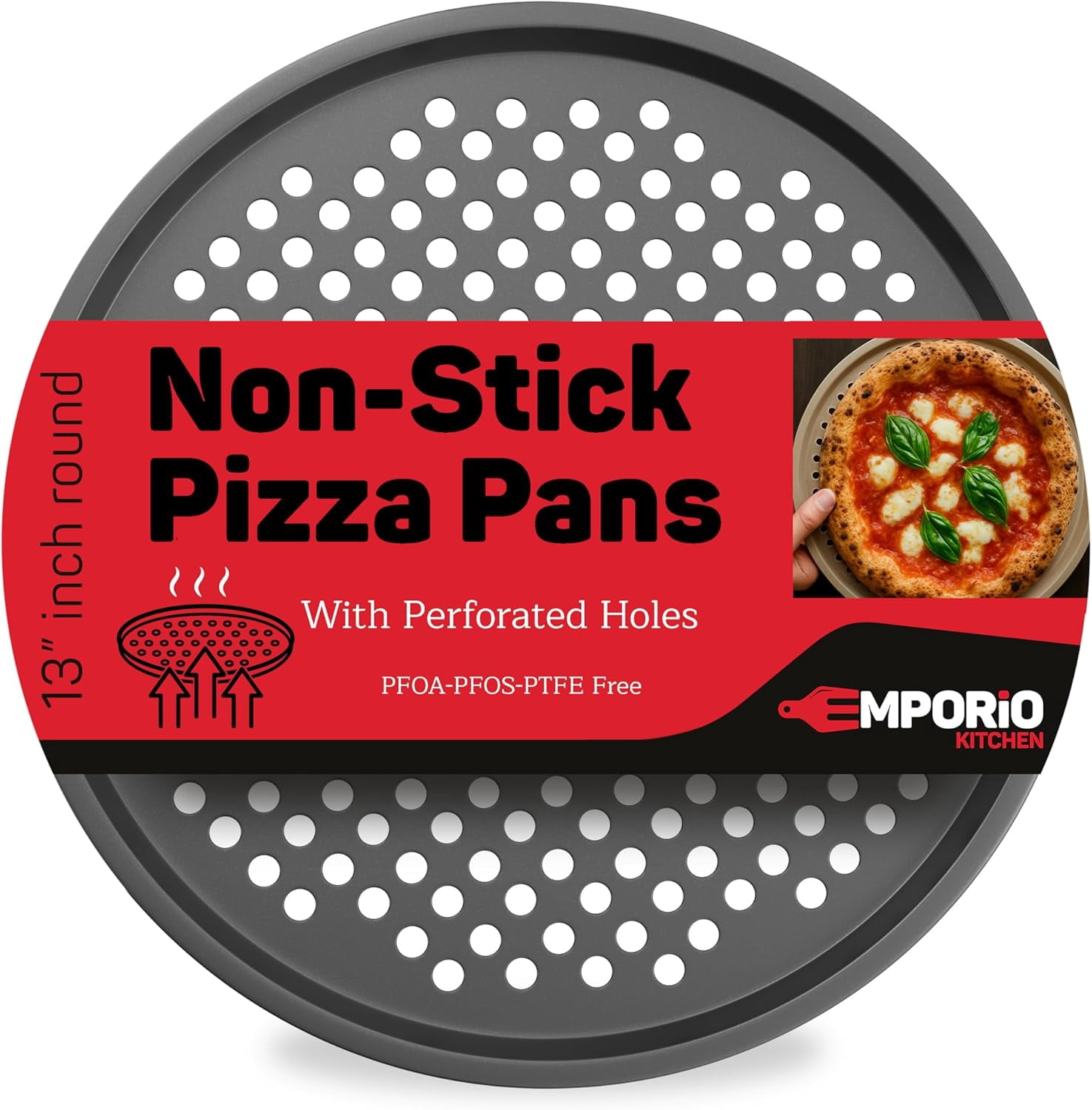 Non-Stick Pizza Pan 1 Pack, 13 Inch Round Carbon Steel Pizza Tray with Perforated Holes for Crispy Crust, PFOAPFOSPTFE Free, Dishwasher & Oven Safe Up To 450°F, Durable Nonstick Gray Marble Coating