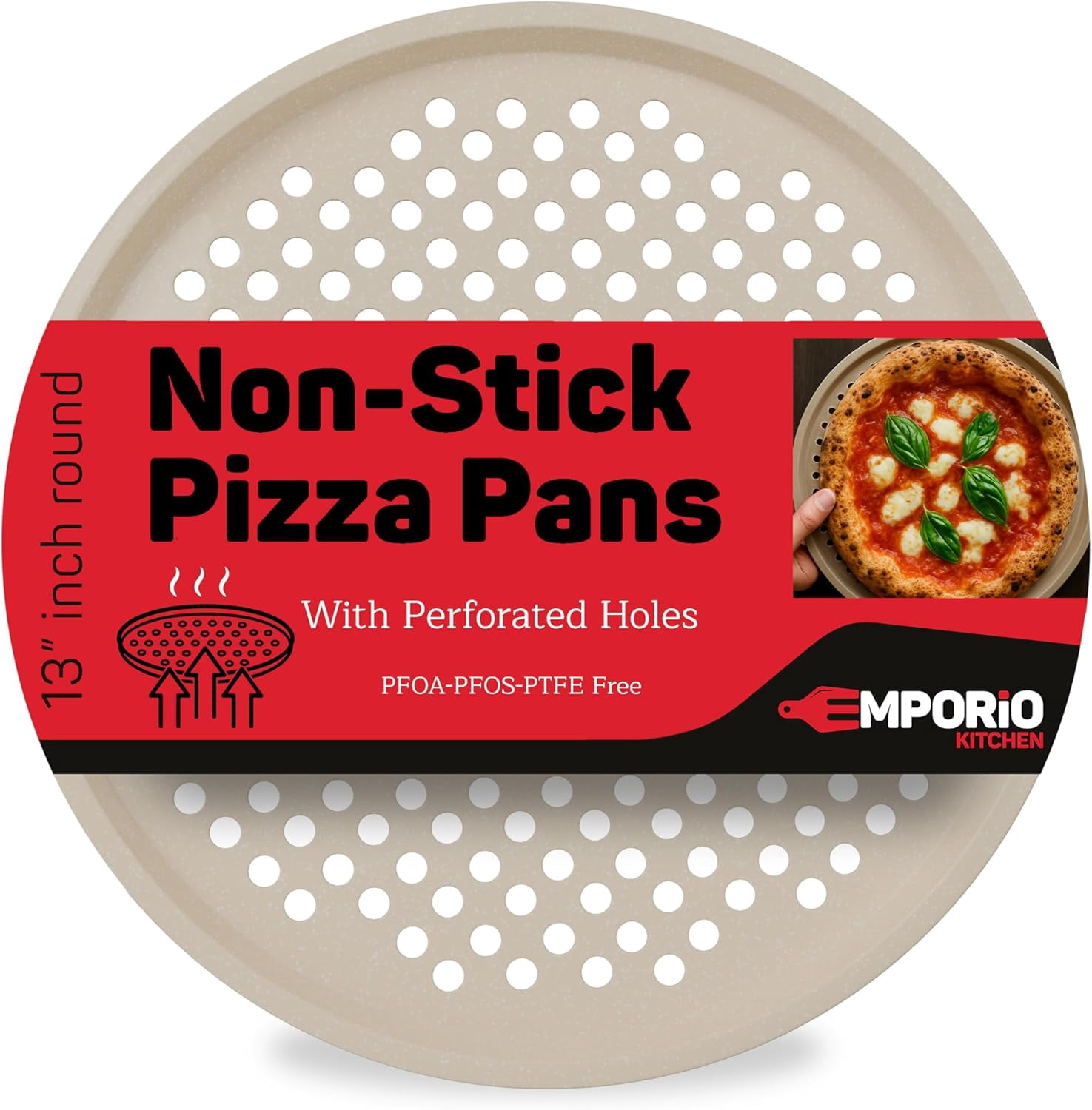 Emporio Kitchen Non-Stick Pizza Pan, Carbon Steel, 13 Inch, White