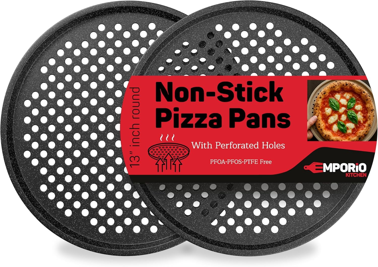 Non-Stick Pizza Pan 2 Pack, 13 Inch Round Carbon Steel Pizza Tray with Perforated Holes for Crispy Crust, PFOAPFOSPTFE Free, Dishwasher & Oven Safe Up To 450°F, Nonstick White Marble Coating