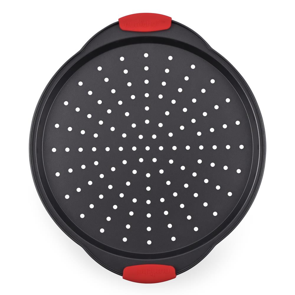 NonStick Pizza Tray with Silicone Handle, Round Steel Nonstick Pan with Perforated Holes