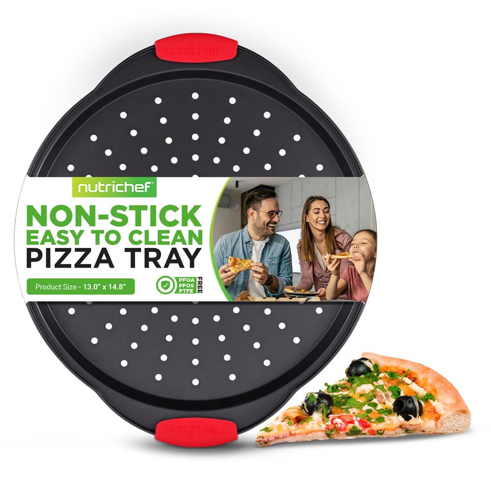 Round Black Non-Stick Pizza Tray with Red Silicone Handles