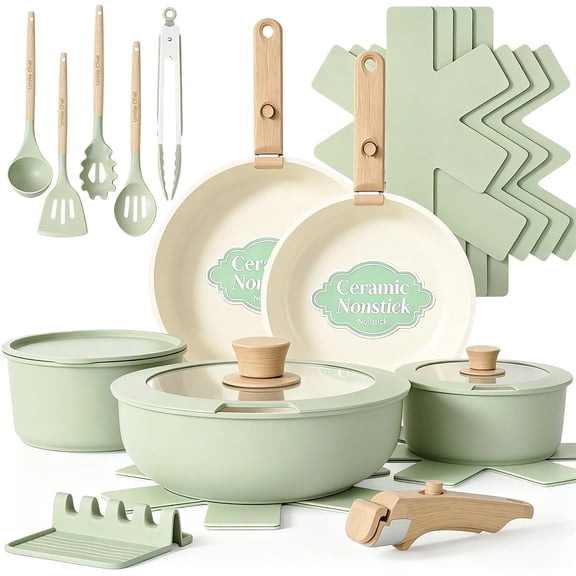 Non Stick Pots And Pans Set 21 Ceramic Kitchen Cookware With Detachable Handle Nonstick Induction Dishwasher Rv Oven Safe Stackable Sage Green