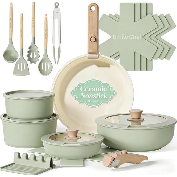 Non Stick Pots and Pans Set, 21 Pcs Ceramic Kitchen Cookware Set with Detachable Handle, Nonstick Healthy Induction Cookware, Dishwasher RV Cookware Set, Oven Safe, Stackable, Sage Green