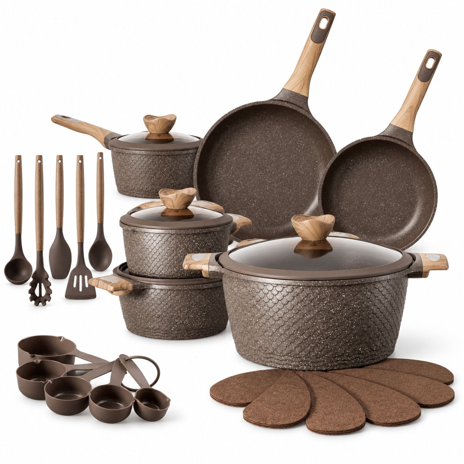Non Stick Pots and Pans Set, 23 Pcs, Brown Aluminum Cookware, Induction ...