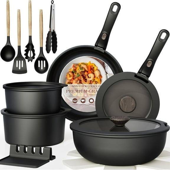 Non Stick RV Pots and Pans Ceramic Kitchen Cookware Set with Detachable/Removable Handle, Oven Safe, Induction Ready, Stackable
