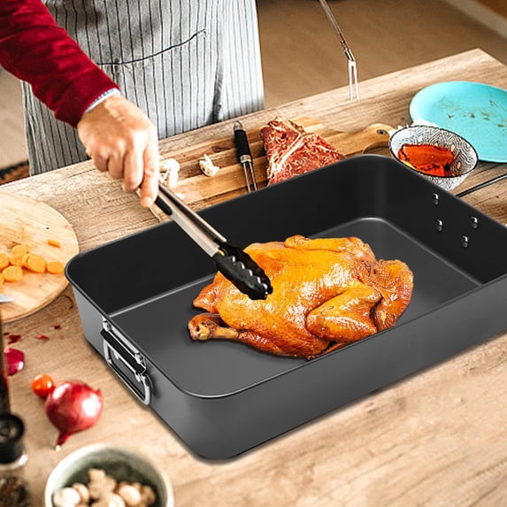 Non-Stick Rectangular Baking Pan | 16 x 11.5 x 3 Inch Roasting Tray for Oven | Carbon Steel Roast Chicken & Turkey Pan with Handles