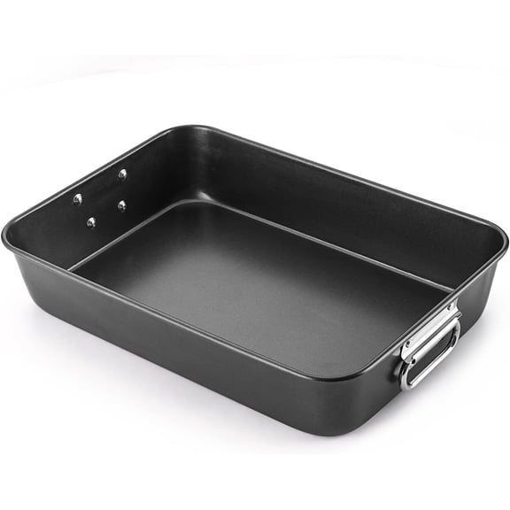 Non‑Stick Roasting Pan, Large Rectangular Baking Roaster Pan with Foldable Side Handles, Heavy‑Gauge Carbon Steel Oven Tray for Turkey, Chicken, Roasting, Baking, Cooking
