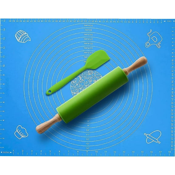 Non Stick Rolling Pin & Extra Large Silicone Baking Mat "25 X 18" Non-Stick Pastry Mat a free Silicone Spatula, Non-stick Silicone Dough Rollers Set with Measurements Kneading Pastry Mat