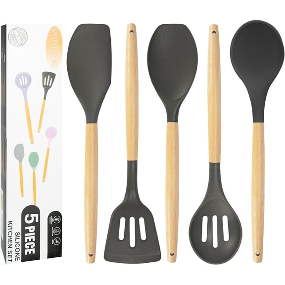 Non-Stick Silicone Cooking Utensils Set, 5 Pcs with Wooden Handle, Heat Resistant Silicone Kitchen Gadgets (Black)