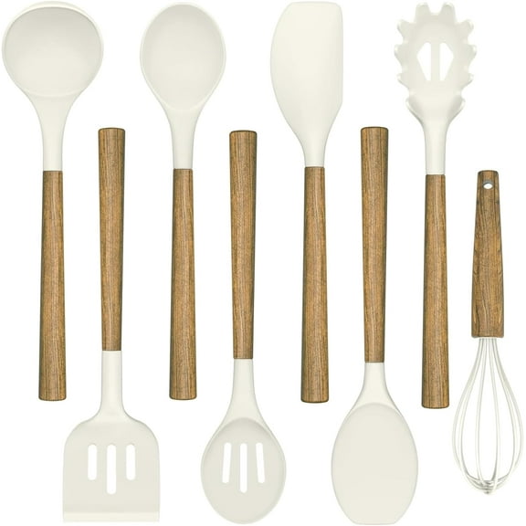 Non-Stick Silicone Kitchen Utensils Set with Natural Acacia Hard Wood Handle,  8 Pieces Kitchen Spatulas set, White, BPA Free, Baking, Serving and Cooking Utensils