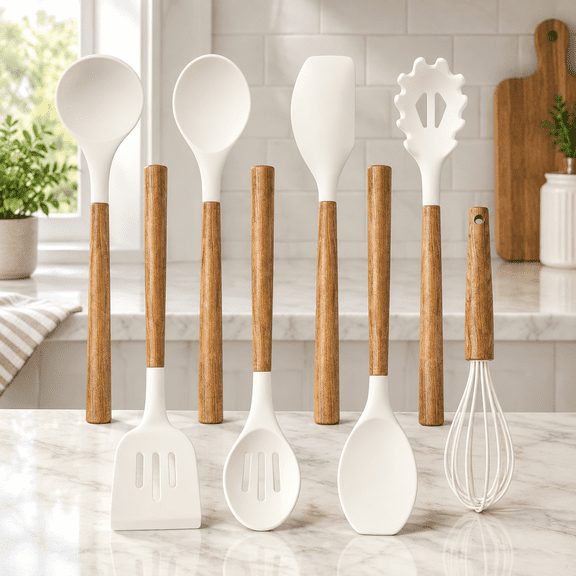 Non-Stick Silicone Kitchen Utensils Set with Natural Acacia Hard Wood Handle, 8 Pieces Kitchen Spatulas set, White, Baking, Serving and Cooking Utensils