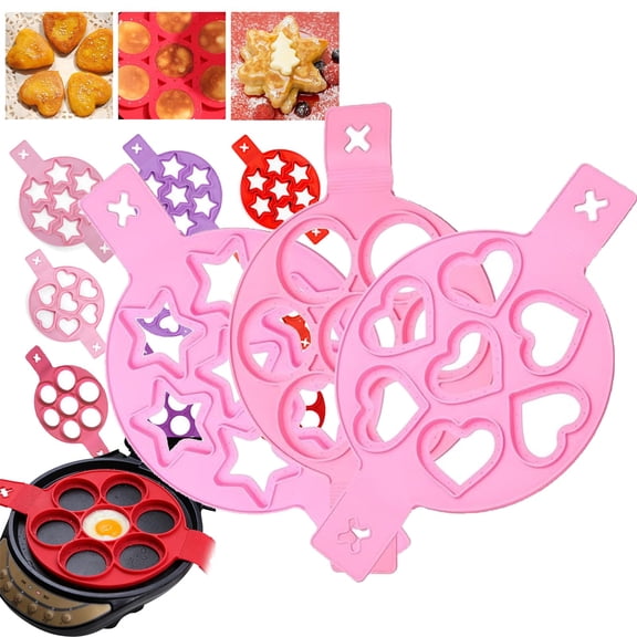Non-Stick Silicone Pancake Maker Rings 7 Cavity Silicone Pancake Mold - Non Stick Egg Rings Heart Star Shape Pancake Maker Rings Reusable Breakfast Cooking Tool Purple