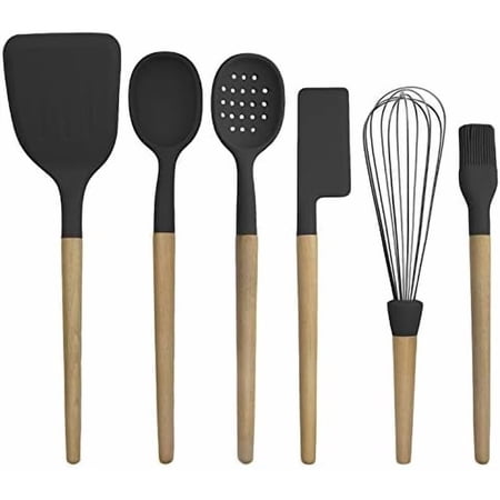 Non Stick Silicone Utensil Set with Rounded Wood Handles for Cooking and Baking, 6 Piece Set, Black