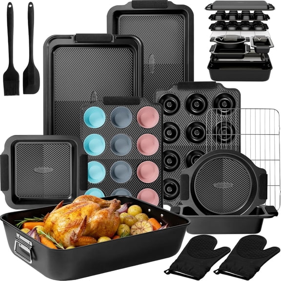 Non-Stick Stackable Baking Pans Set, 25 PCS Oven Safe Bakeware with Silicone Handles, Heavy-Duty Cookie Sheets 450  F