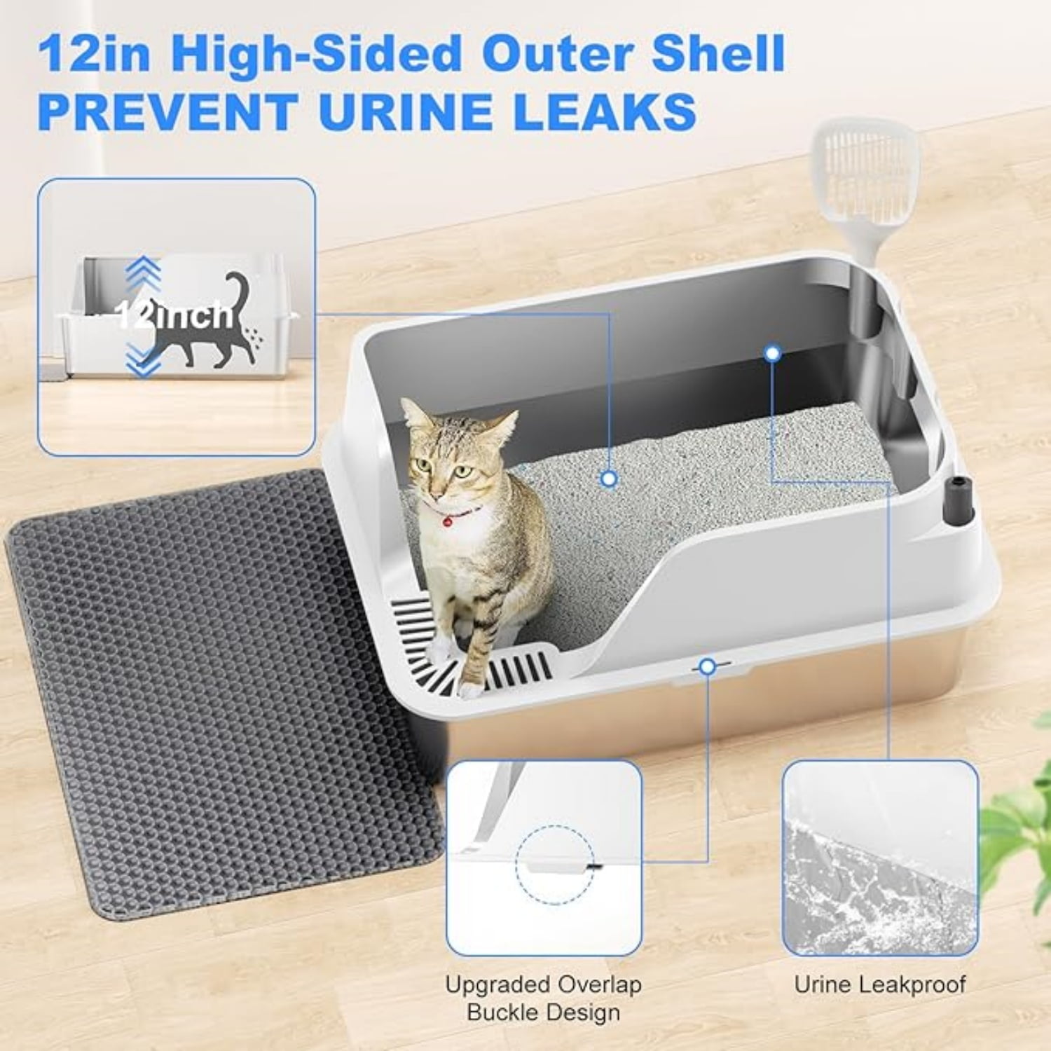 Non-Stick Stainless Steel Litter Box, XL Side Opening Splash-Proof & Leak-Proof Seamless Seal, Large Capacity, Cat Litter Box with Lid for Multi-Cats, Easy-Clean & Durable (White)