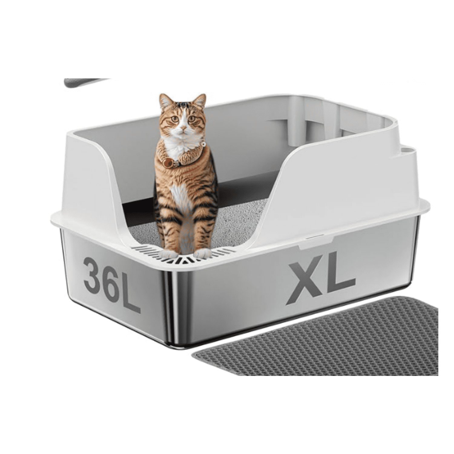 Non-Stick Stainless Steel Litter Box, XL Side Opening Splash-Proof & Leak-Proof Seamless Seal, Large Capacity, Cat Litter Box with Lid for Multi-Cats, Easy-Clean & Durable (White)