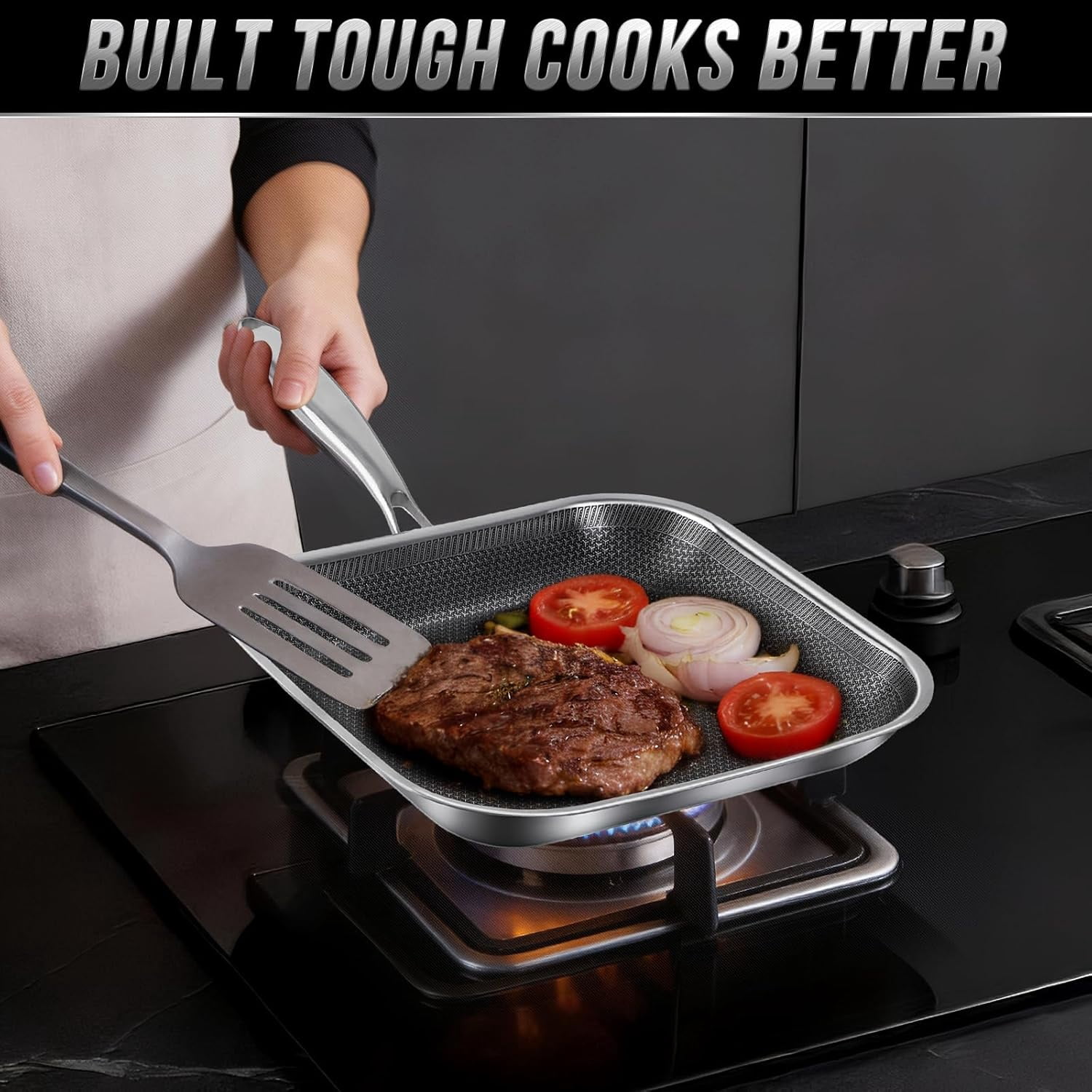 Non Stick Stainless Steel Skillet, 12 Inch Square Frying Pan for All Stoves Oven Dishwasher Safe PFOA