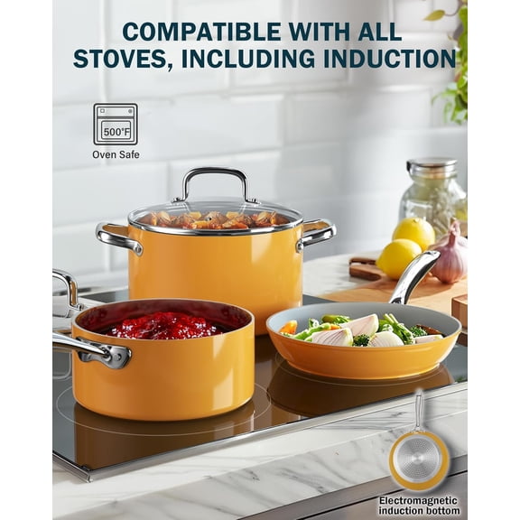 Non Stick Stock Pot with Lid, 6-Quart Hard Anodized Ceramic Nonstick Gumbo Pasta Pot, Induction Cookware Stockpot for Cooking, Canning, Sauce, Ollas para Cocina, Yellow