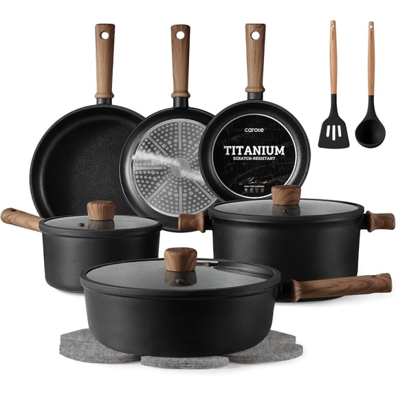 Non-Stick Titanium Cookware Set with Wooden Handles 6 Pieces Pots and Pans Set with Glass Lids and Utensils, Scratch-Resistant Coating for Induction Hob and All Stove Tops,Black