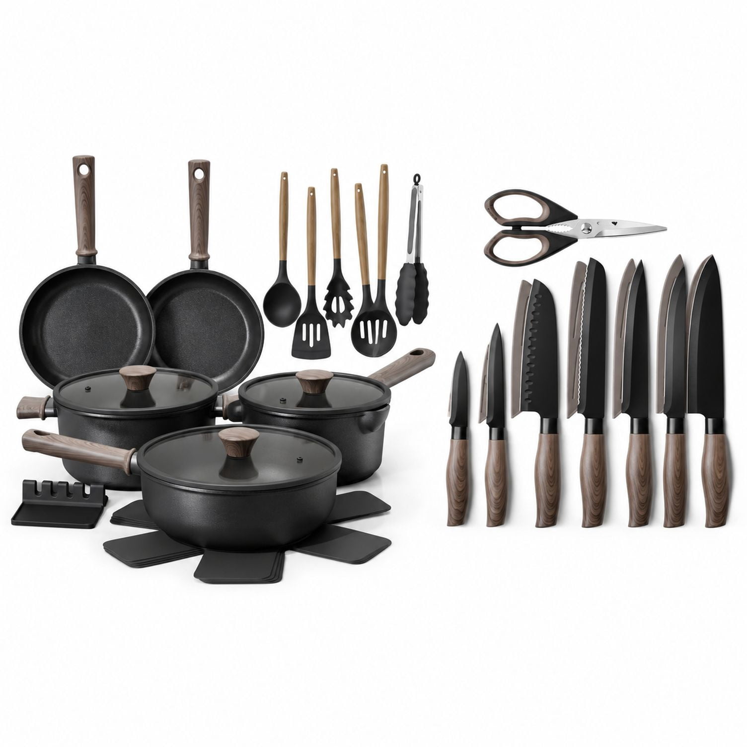 Non-Stick Titanium Cookware and Stainless Steel Knife Set, Induction ...