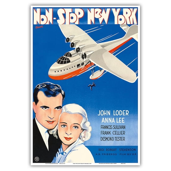 Non-Stop New York - Starring John Loder and Anna Lee - Directed by Robert Stevenson - Vintage Film Movie Poster by Ehmark C.1937 - Master Art Print (Unframed) 13in x 19in