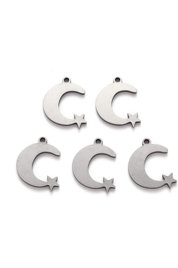 Non-Tarnish 201 Stainless Steel Charms Laser Cut Moon with Star Stainless Steel color 14x11x1mm Hole: 1.2mm 201 Stainless Steel