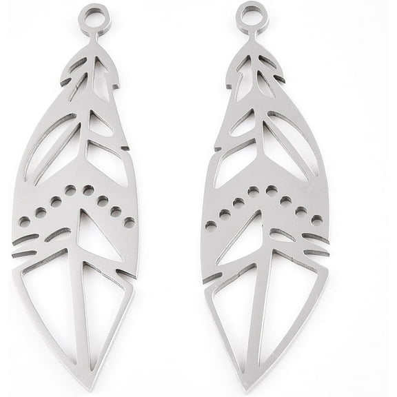 Non-Tarnish 201 Stainless Steel Pendants Filigree Joiners Findings Laser Cut Feather Stainless Steel Color 33x10x1mm Hole: 1.6mm