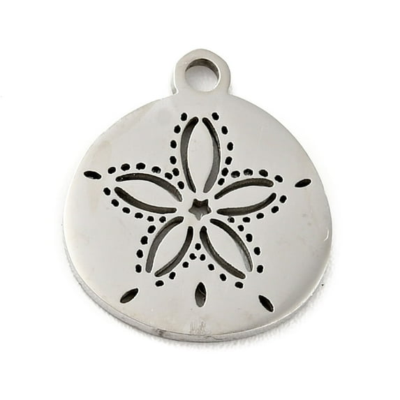 Non-Tarnish 201 Stainless Steel Pendants Flat Round with Flower Stainless Steel Color 13.5x12x1mm Hole: 1.4mm