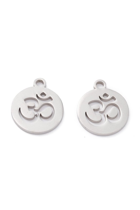 Non-Tarnish 201 Stainless Steel Pendants Laser Cut Manual Polishing Flat Round with Ohm Stainless Steel color 14x12x1mm Hole: 1.6mm