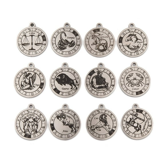 Non-201 Stainless Steel Pendants Laser Engraved Pattern Flat Round with Constellation Stainless Steel Color 23x20x1.5mm Hole: 2mm