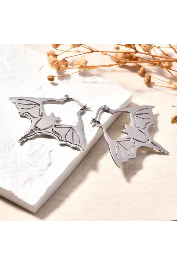 Non-304 Stainless Steel Bat Hoop Earrings for Women Stainless Steel Color 41x51.5x1~2mm