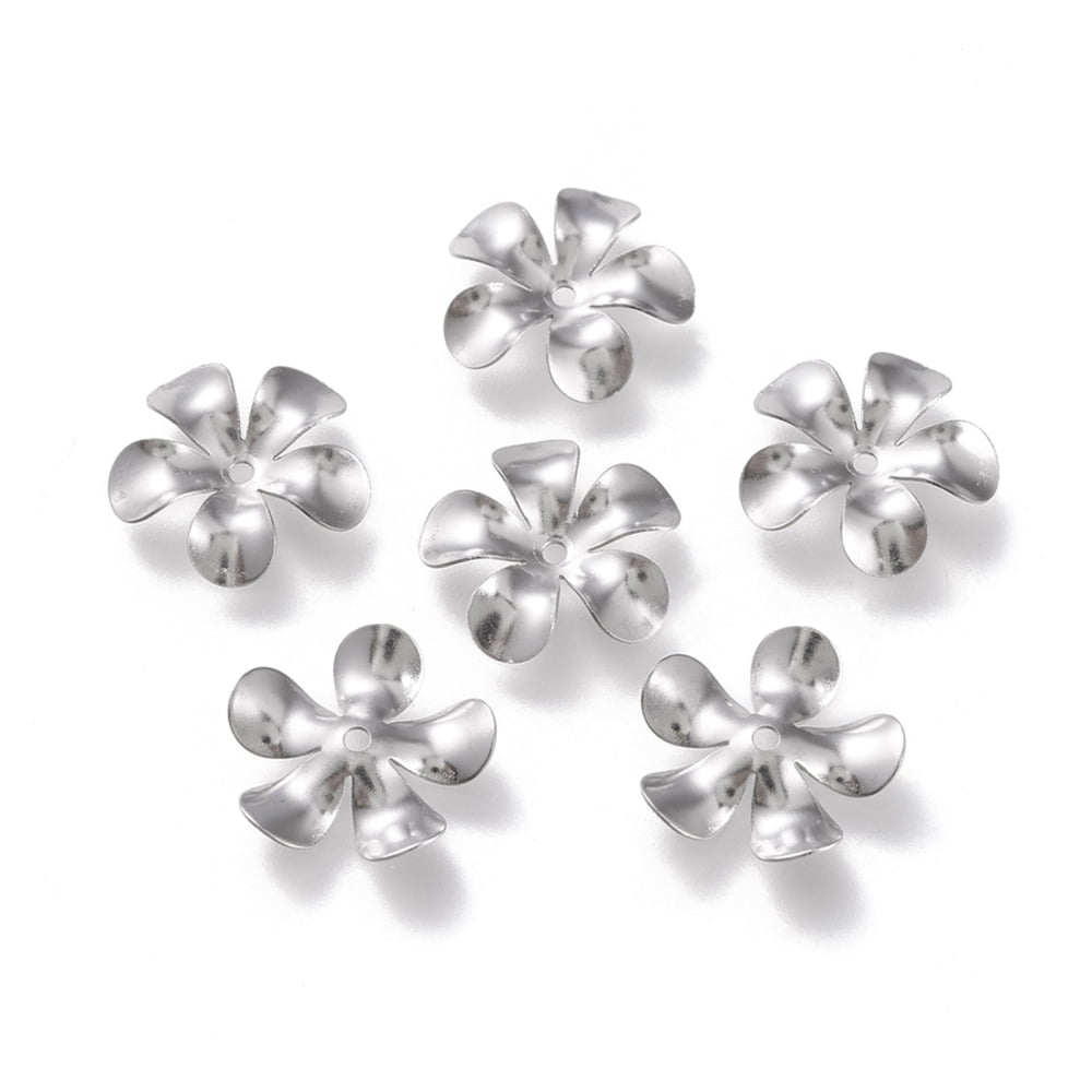Non-Tarnish 304 Stainless Steel Bead Caps 5-Petal Flower Stainless Steel Color 15x15x2mm Hole: 1.2mm Material 304 Stainless Steel