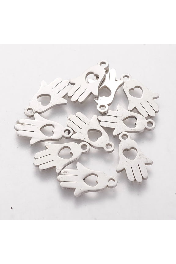 Non-Tarnish 304 Stainless Steel Charms Laser Cut Hamsa Hand/Hand of Fatima/Hand of Miriam with Heart Stainless Steel color 15x9.5x1.2mm Hole: 1mm